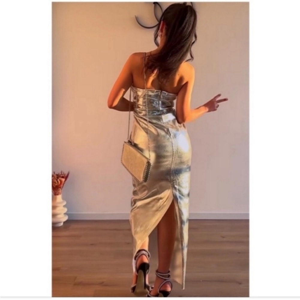 Zara Fitted Metallic Dress Silver Strapless - Picture 8 of 14